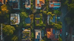 Cidade vista de cima com equilíbrio entre áreas urbanas e natureza, simbolizando sustentabilidade, planejamento urbano e harmonia arquitetônica.