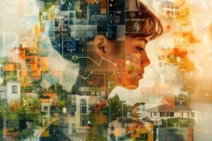 Dupla Exposição Mulher Cidade Inteligente futurista, simbolizando inovação, tecnologia urbana e transformação digital