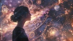 Silhueta feminina cósmica com fundo astral gerado por inteligência artificial, representando mistério, arte digital e inspiração futurista.