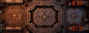 Visão superior de portas automáticas em nave espacial com textura sci-fi futurista, ideal para design, ficção científica e jogos digitais.